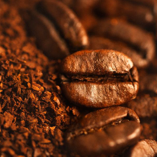 Close-up of roasted coffee beans resting on a bed of ground coffee, highlighting their shiny, textured surfaces and rich, dark brown color.