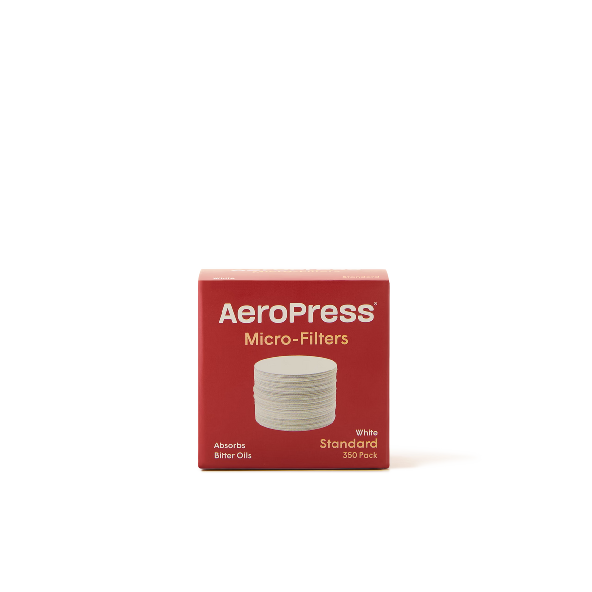 A red box of AeroPress Micro-Filters, labeled Standard, 350 Pack with an image of round white filters on the front. The box states it Absorbs Bitter Oils. The background is plain white.