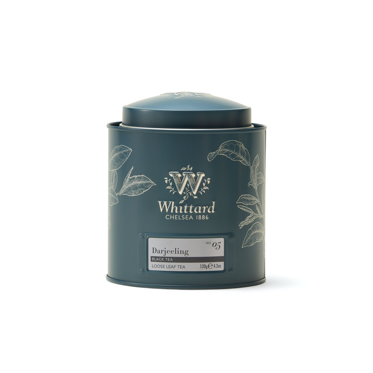 A 120g (4.2oz) blue tin of Darjeeling Loose Leaf Tea, featuring white leaf illustrations and shown against a white background.