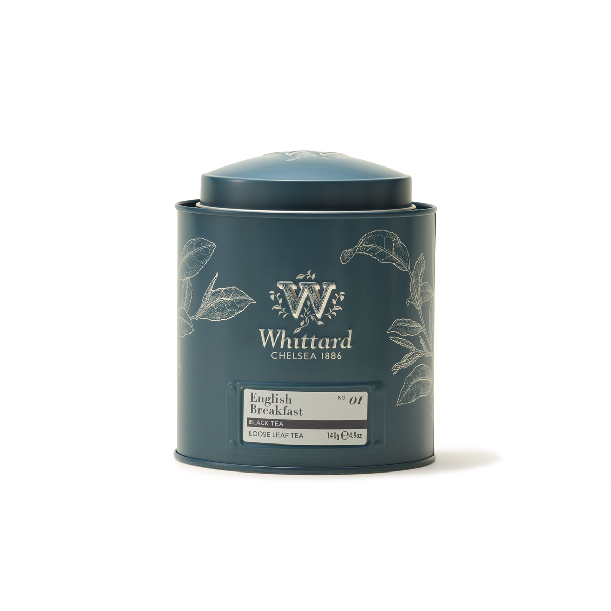 A dark green tin of Whittard Chelsea 1886 English Breakfast Loose Leaf Tea, adorned with white botanical illustrations and a label showing it contains 140g (4.9oz) of single origin tea.