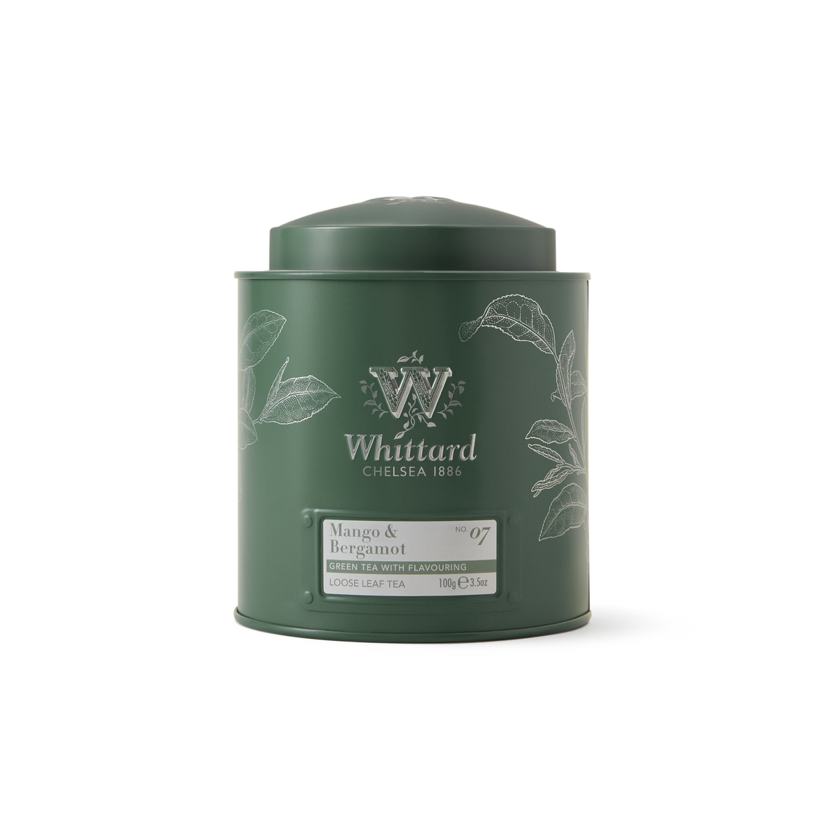 A green Whittard tin labeled Mango & Bergamot Loose Leaf Tea, featuring white botanical illustrations and a silver logo, set against a plain white background.