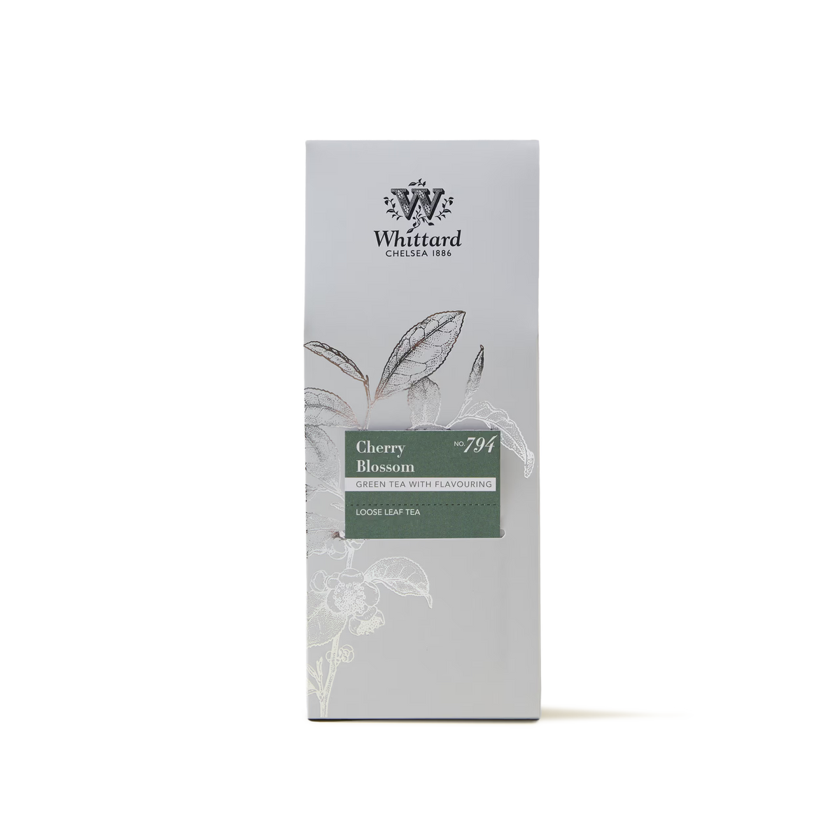 A rectangular box of Cherry Blossom Loose Leaf Tea, featuring floral illustrations and a white, gray, and green color scheme. Infused with delicate sencha and cherry blossom notes, the label reads Loose Leaf Tea and No. 791.