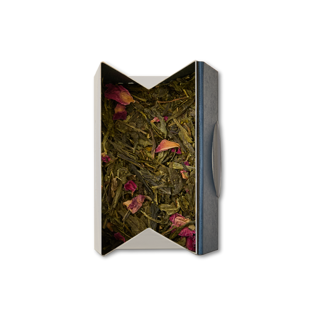 A top view of a box containing Cherry Blossom Loose Leaf Tea, with sencha green tea mixed with dried rose petals, set against a plain white background.