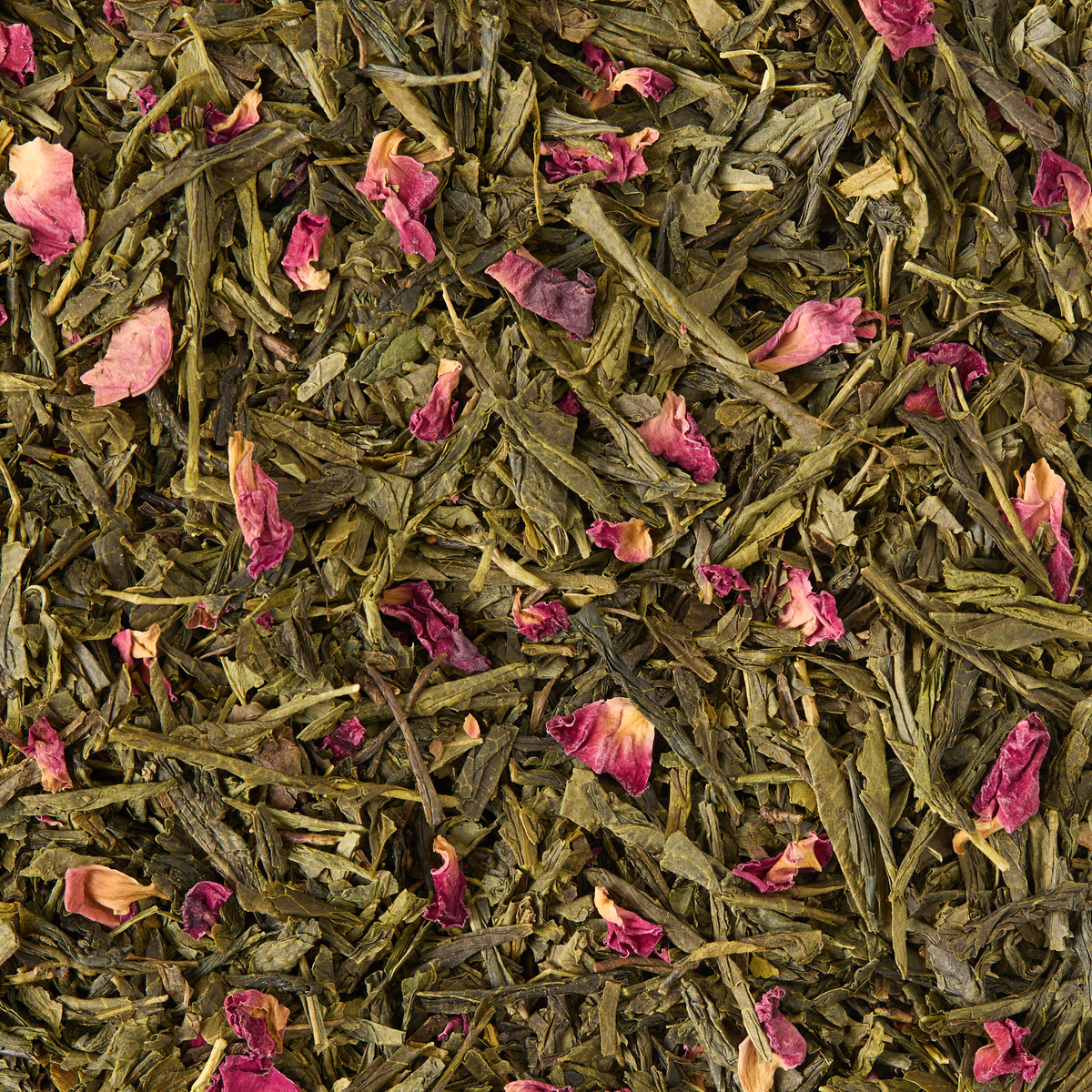 Cherry Blossom Loose Leaf Tea features a blend of loose sencha green tea leaves and scattered dried pink rose petals, capturing the delicate floral notes and elegance of a Japanese spring.