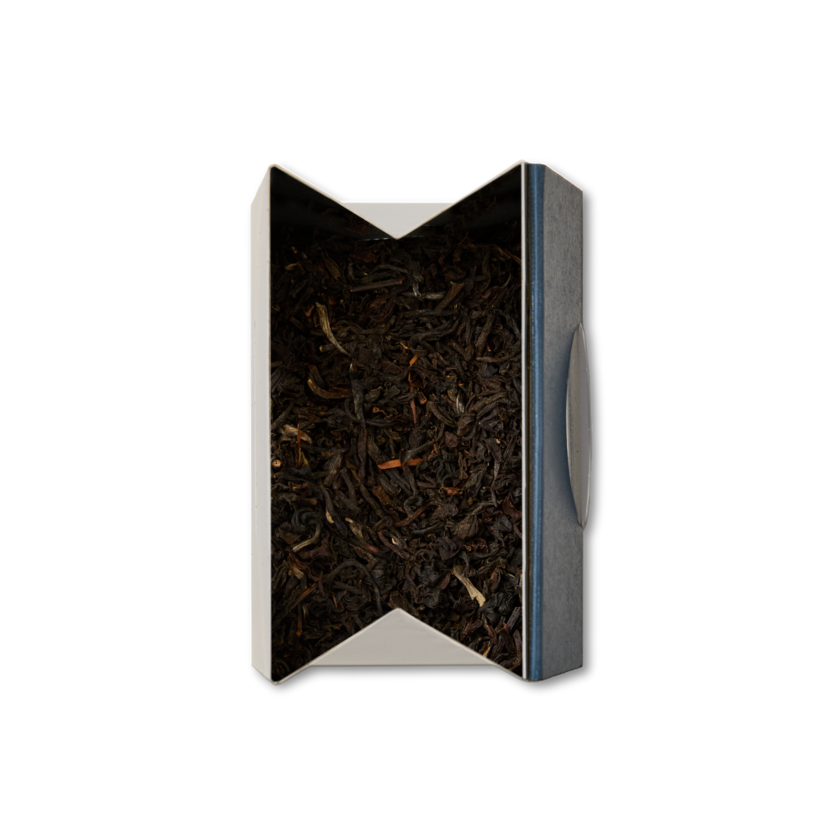 A rectangular box, open at the top and filled with Assam TGFOP1 Loose Leaf Tea. The silver and white box displays the Assam tea leaves in the center against a white background.