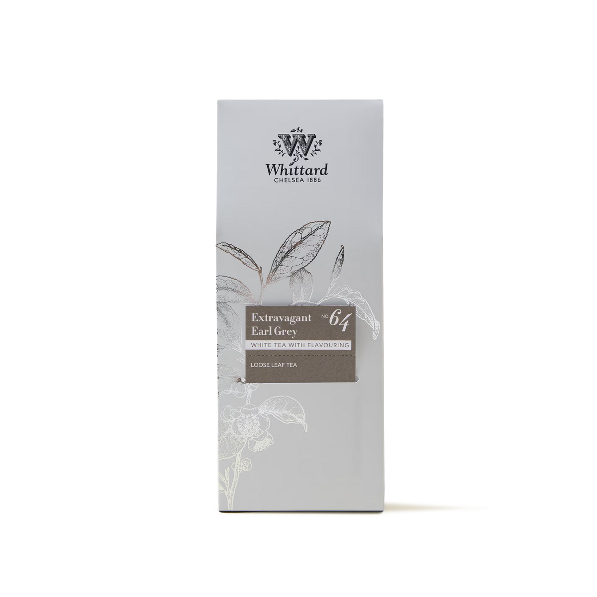 A box of Extravagant Earl Grey Loose Leaf Tea, featuring a delicate blend of white Earl Grey tea and Madagascan vanilla. The light grey packaging is adorned with a subtle tea leaf illustration and white floral accents, highlighting this exquisite loose leaf tea.