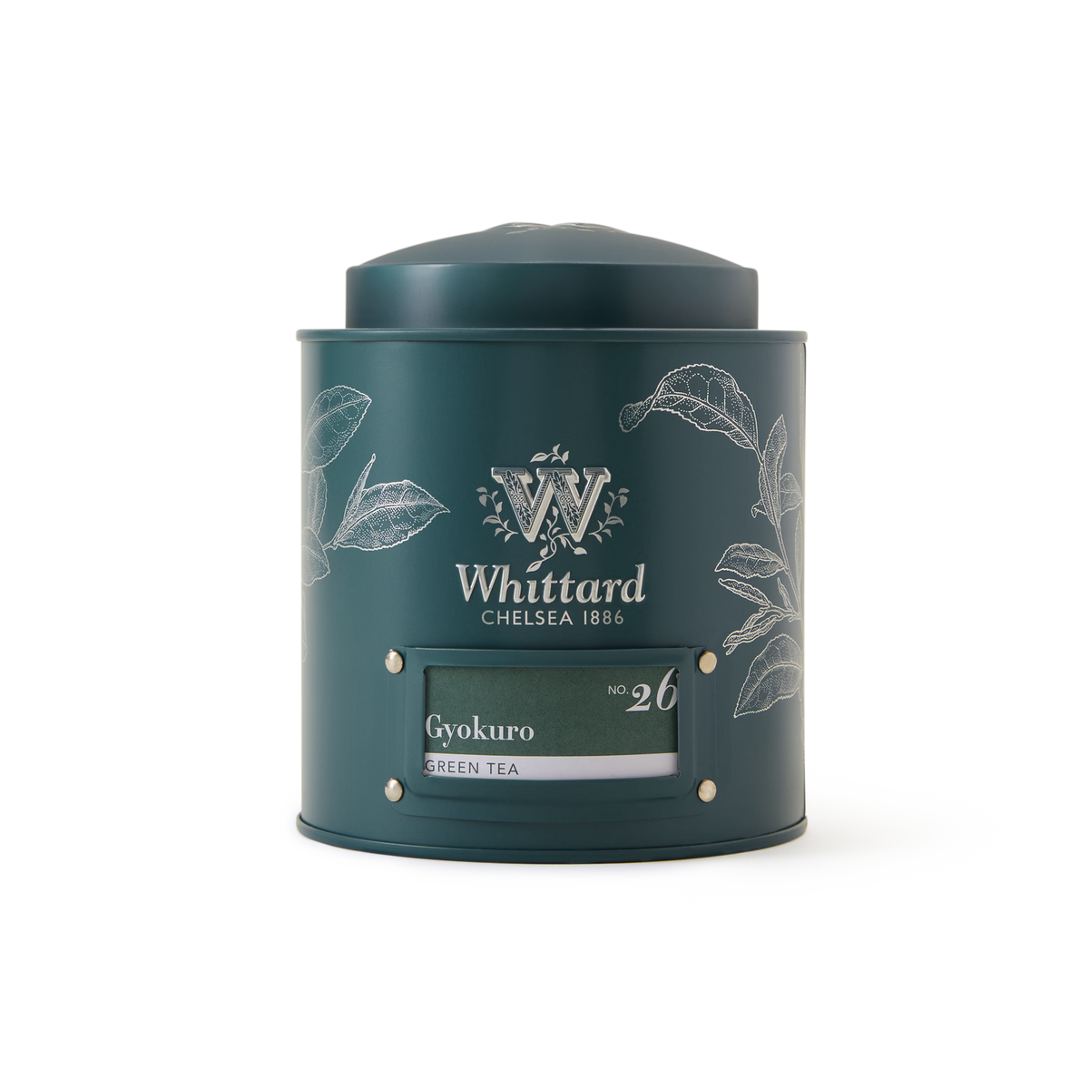 A green cylindrical tin of Whittard Chelsea 1886 Gyokuro Loose Leaf Tea, adorned with white botanical illustrations and a label showing the tea’s name and the number 26, set against a white background. This exquisite loose leaf tea is renowned for its rich umami notes.