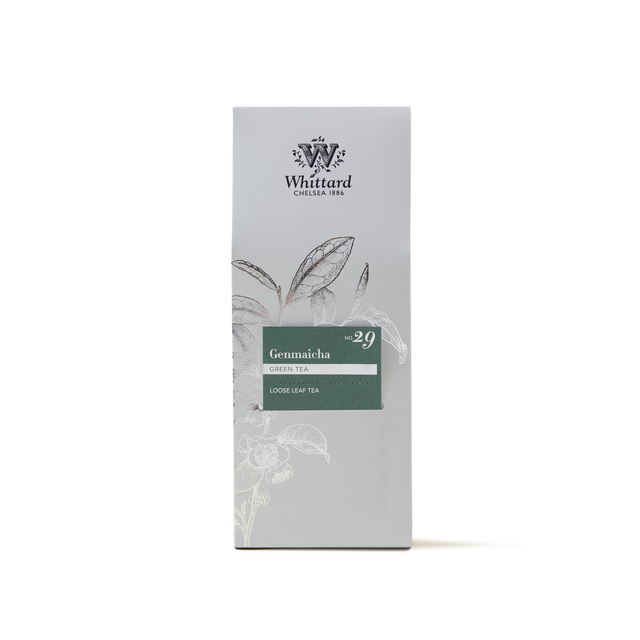 A silver-gray package of Whittard Genmaicha Loose Leaf Tea, labeled No. 29, showcases loose leaf green tea blended with toasted rice for a distinctive flavor. The packaging is adorned with botanical illustrations and features the Whittard logo at the top.