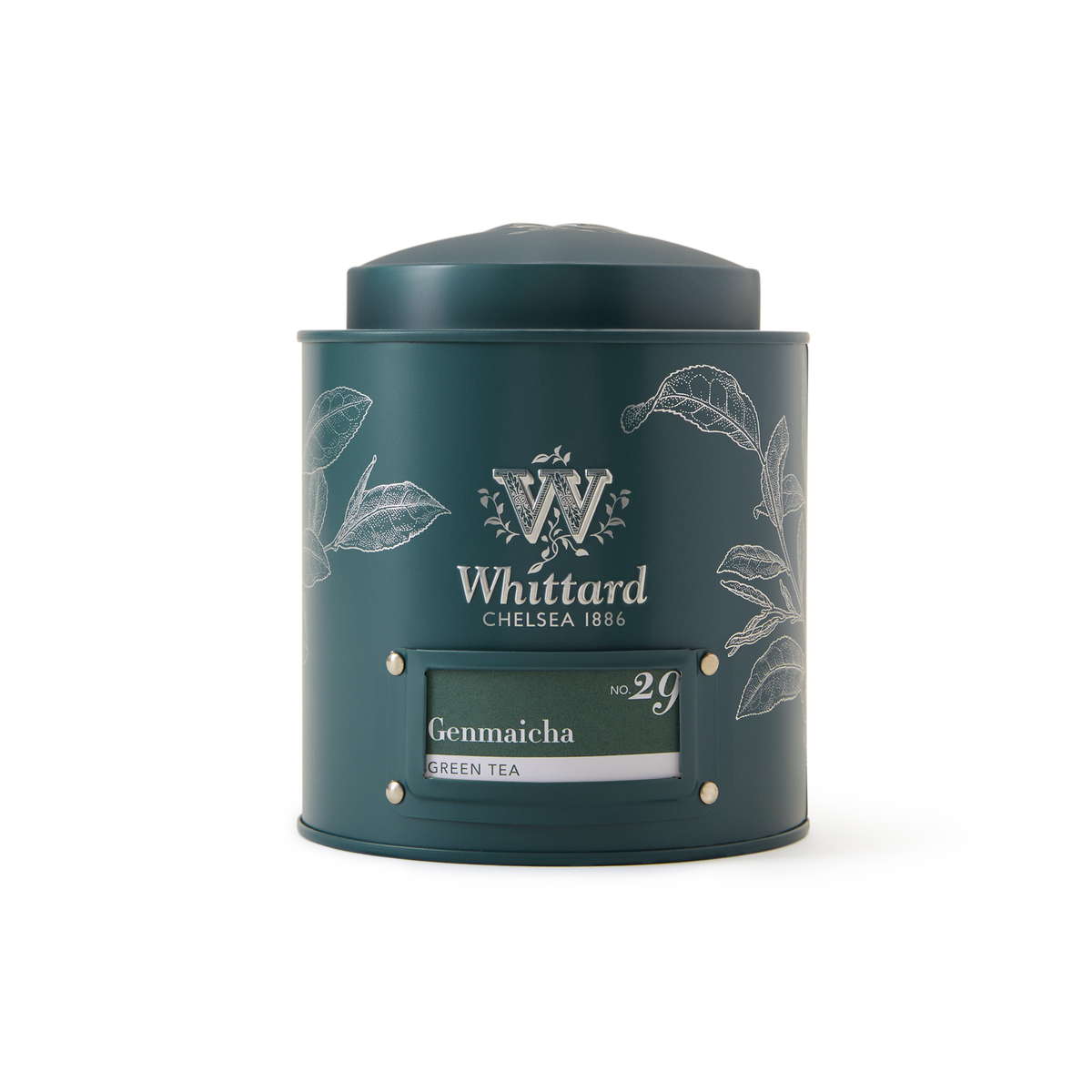A green Whittard Chelsea 1886 tea tin labeled Genmaicha Loose Leaf Tea, decorated with white leaf illustrations on a white background, showcasing this classic Japanese green tea blended with roasted brown rice.