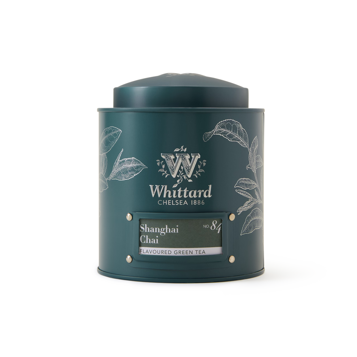 A dark green tin of Whittard Shanghai Chai Loose Leaf Tea, adorned with elegant white botanical illustrations and a front label. This exquisite blend delivers a unique twist on green tea chai, combining aromatic spices with loose leaf tea for a beautifully balanced spiced green tea experience.