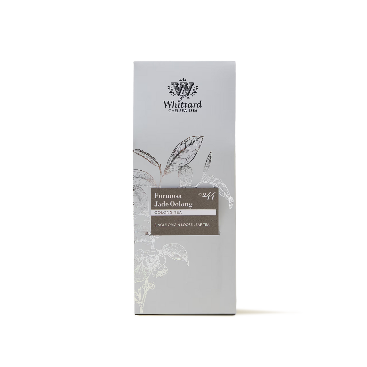 A silver-grey box of Jade Oolong Loose Leaf Tea, adorned with botanical illustrations and branding, labeled as single origin tea crafted from Taiwan high mountain leaves.