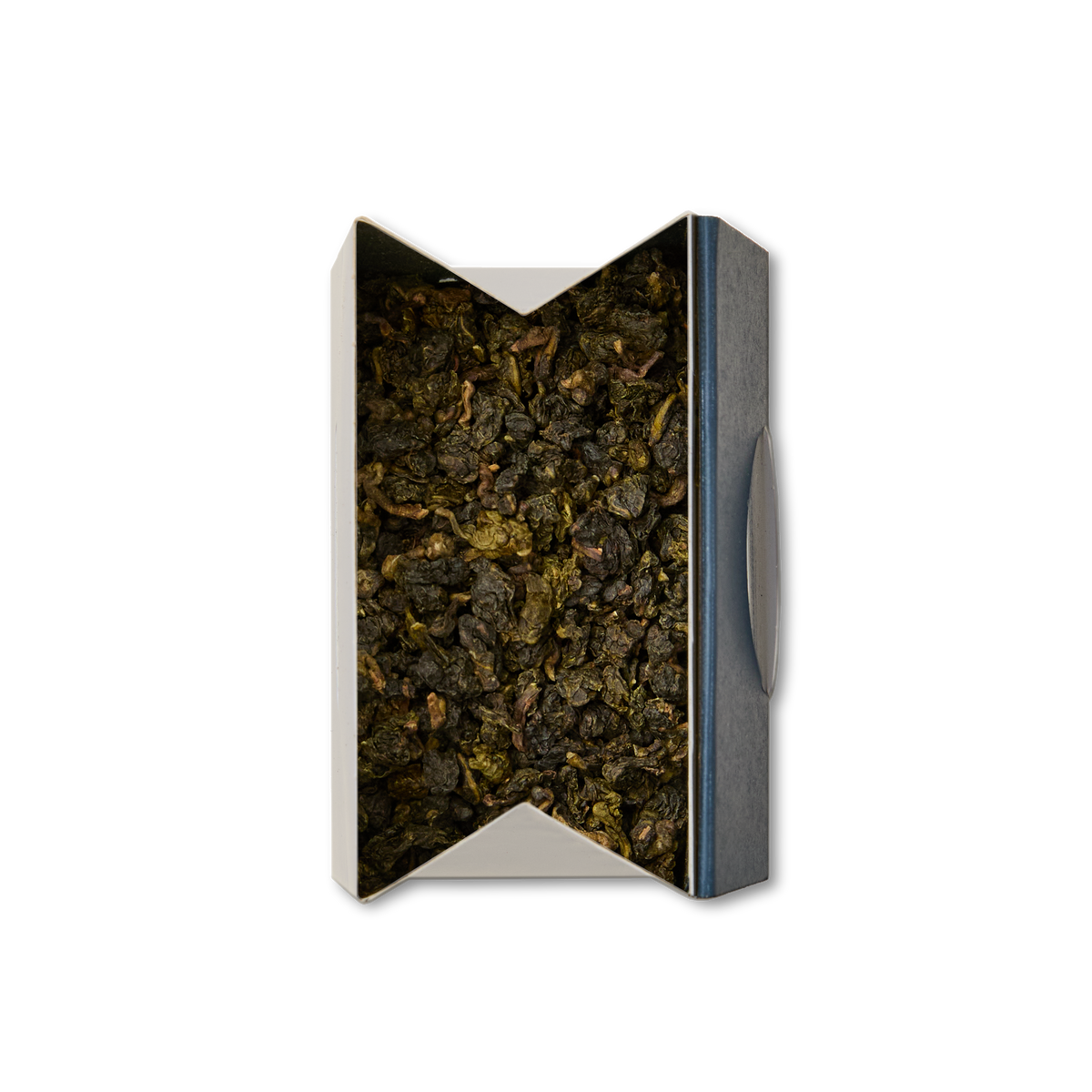 A rectangular, open box filled with Jade Oolong Loose Leaf Tea, its rolled green leaves viewed from above on a white background.