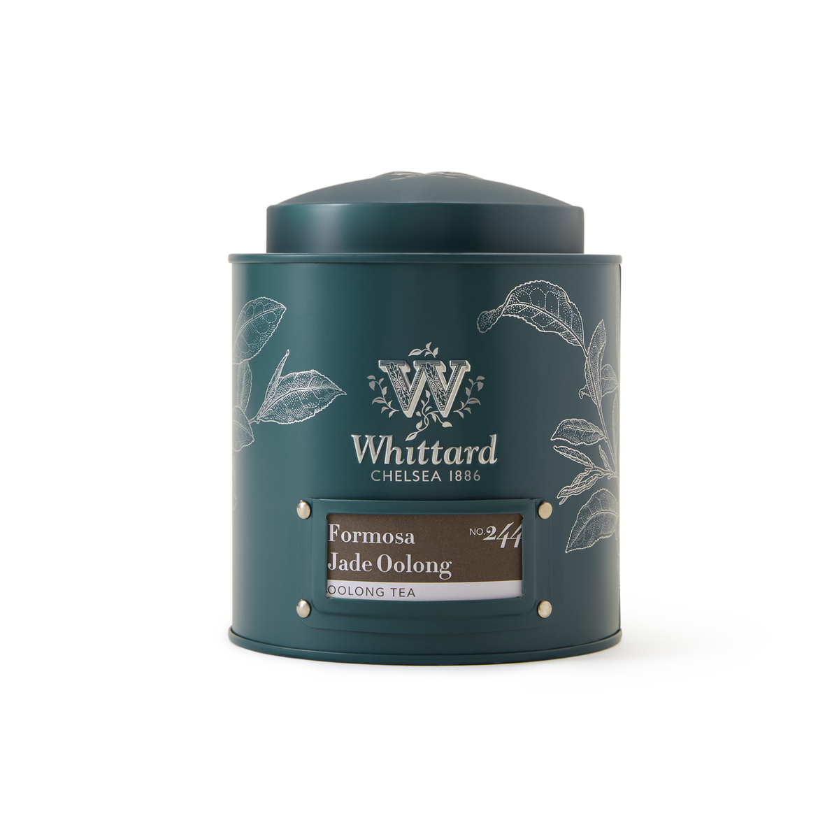 A dark green tin of Whittard’s Jade Oolong Loose Leaf Tea, adorned with white leaf motifs and silver accents, is displayed against a plain white background. This refined tin holds premium loose leaf oolong—a renowned Taiwanese tea cherished for its delicate Jade Oolong flavor.