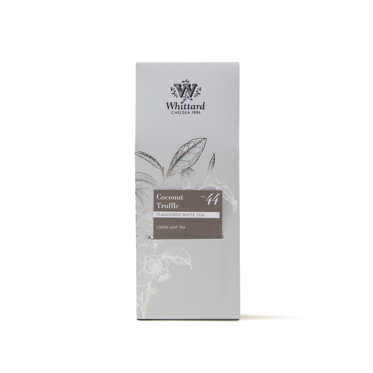 A silver Whittard of Chelsea box labeled Coconut Truffle Loose Leaf Tea, featuring loose leaf tea with a subtle illustration of tea leaves and elegant branding.