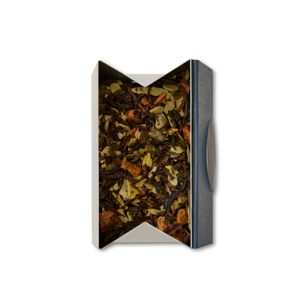 A box of Coconut Truffle Loose Leaf Tea, featuring a blend of dried leaves and fruit pieces, viewed from above on a white background.