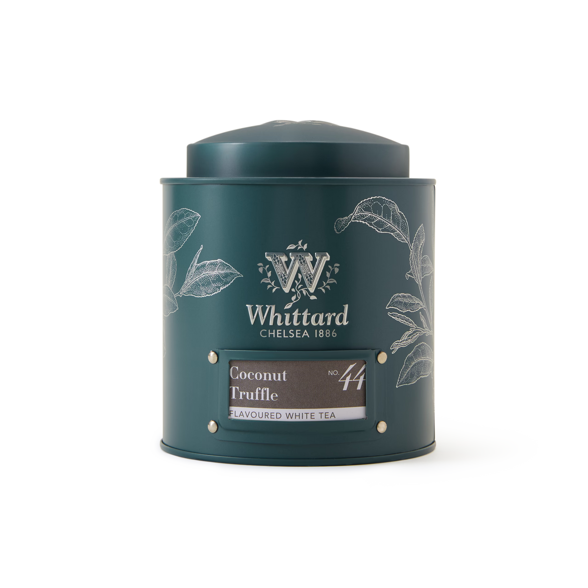 A dark green cylindrical tin labeled Coconut Truffle Loose Leaf Tea, adorned with white botanical illustrations, contains a delightful tea that blends the creamy sweetness of coconut with the delicate notes of fine white tea.