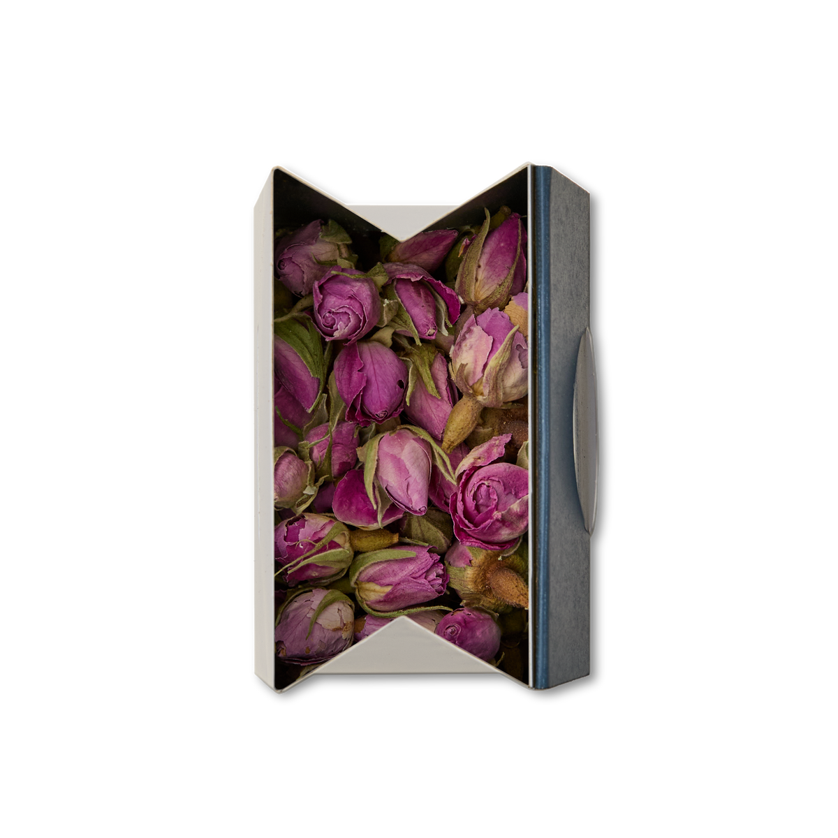 A top-down view of an open rectangular box filled with Rosebuds Loose Infusion, set against a plain white background.
