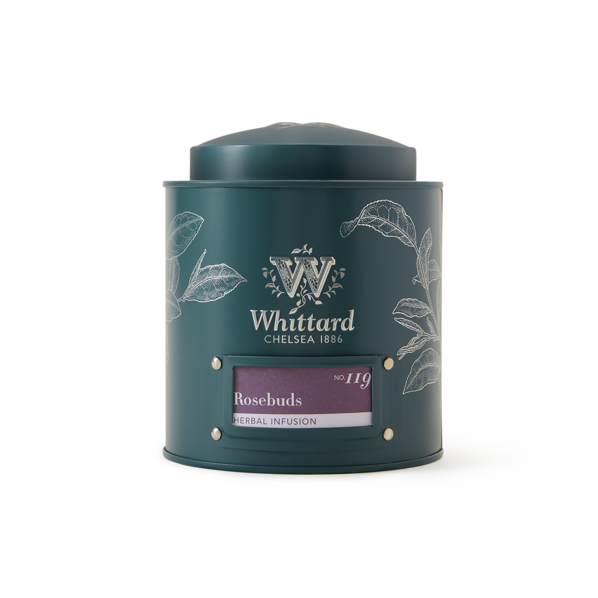 A green Whittard Chelsea 1886 tea tin, adorned with delicate white leaf designs and labeled “Rosebuds Loose Infusion,” contains a floral blend of whole pink rosebuds for an aromatic rosebud tea experience.