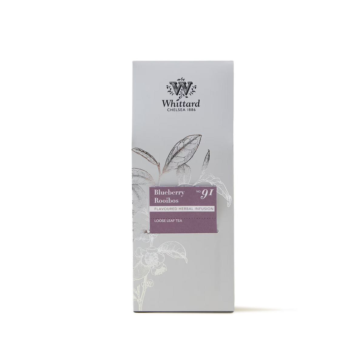 A box of Blueberry Rooibos Loose Leaf Tea, elegantly decorated with botanical illustrations on a light grey background. This caffeine-free blend delivers a vibrant and fruity twist to your daily cup.
