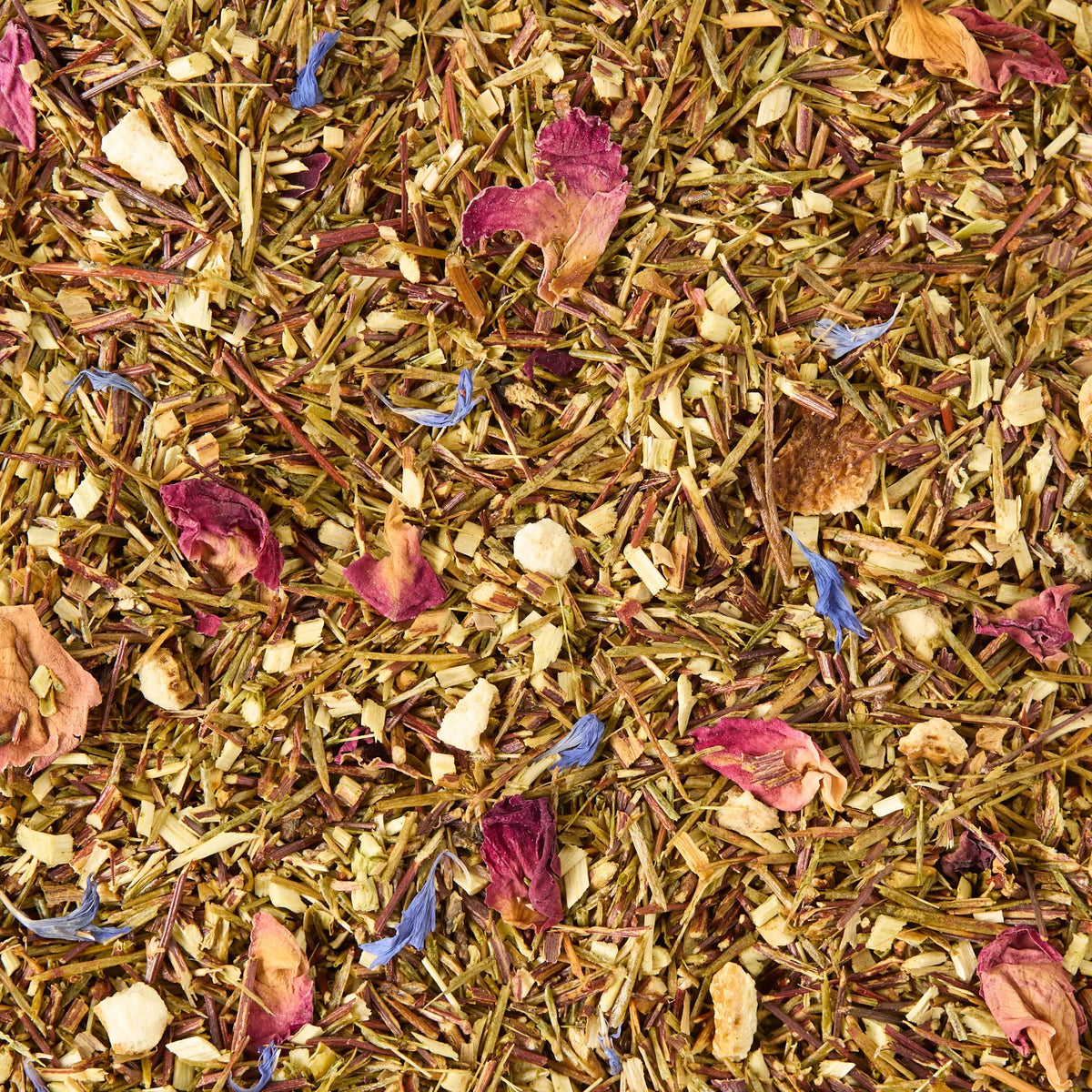 Rainforest Rooibos Loose Leaf Tea is a loose dried tea blend featuring green rooibos leaves accented by red and purple flower petals, small yellowish pieces, and scattered blue petals. This textured, colorful mix offers a naturally caffeine-free tea experience—ideal for anyone seeking a vibrant tropical infusion.