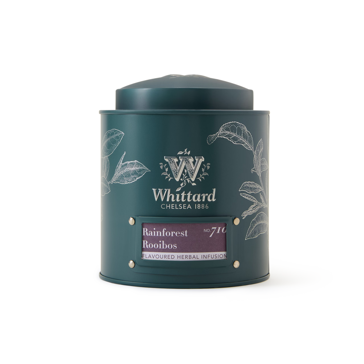 A green tin labeled Whittard Chelsea 1886 with white leaf designs, containing Rainforest Rooibos Loose Leaf Tea—an herbal infusion that is caffeine free, featuring unique green rooibos and vibrant tropical notes.