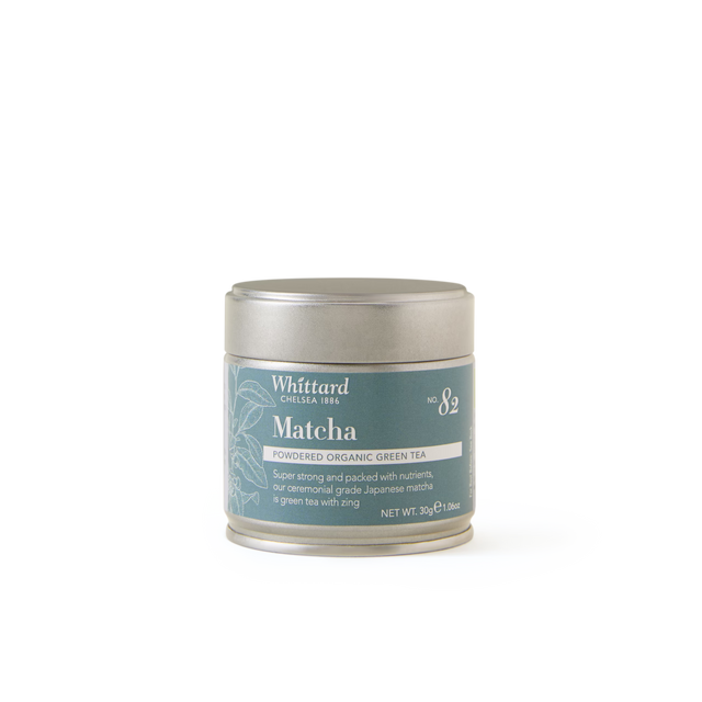 A silver tin labeled Whittard Matcha, Powdered Organic Green Tea sits on a plain white background. The label includes green accents and product details, indicating it contains 30g of ceremonial grade Japanese matcha.
