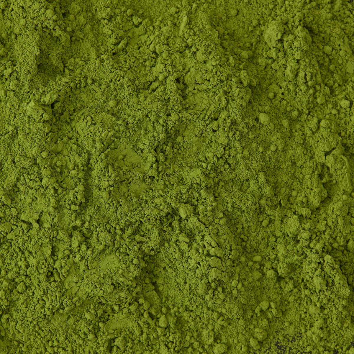Bright green matcha powder, finely ground with a slightly uneven, textured surface and small clumps scattered throughout.