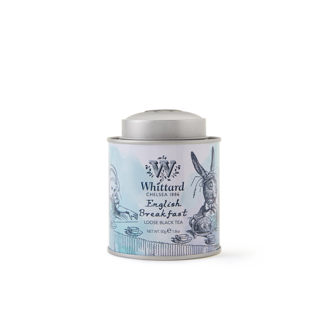 A tin of English Breakfast Alice in Wonderland Mini Caddy—filled with classic black tea leaves, possibly sourced from West Java—features illustrated animals and a light blue and white label, set against a plain white background.