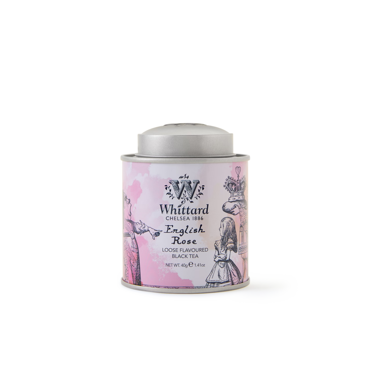 The English Rose Alice in Wonderland Mini Caddy is a pink tea tin adorned with illustrated Victorian figures and topped with a silver lid, containing 40g of loose, delicately floral flavoured black tea—perfect for savouring during a classic afternoon tea.