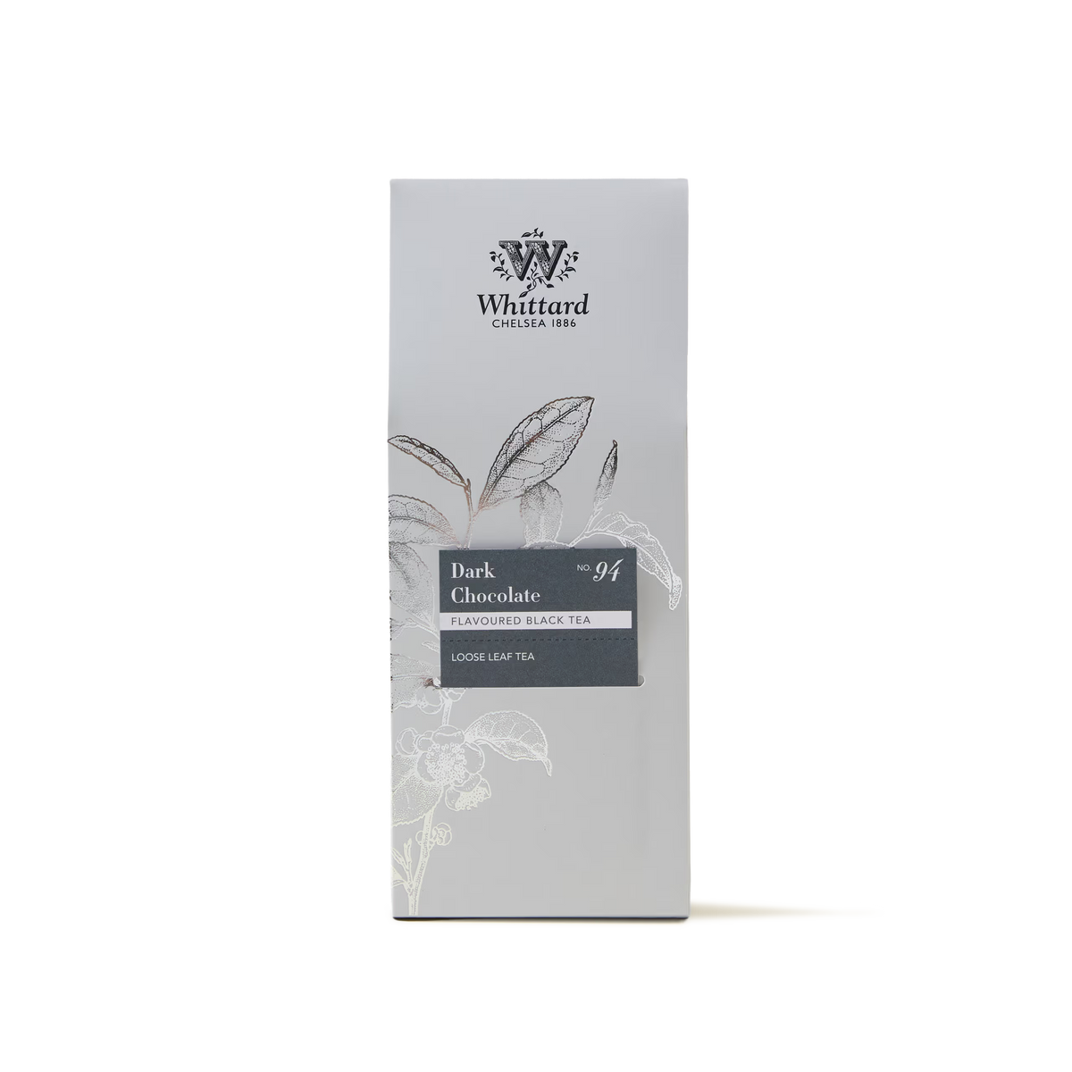 A box of Dark Chocolate Loose Leaf Tea, a luxurious black tea blend infused with cocoa nibs for a rich aroma, displayed against a light grey background adorned with botanical illustrations.