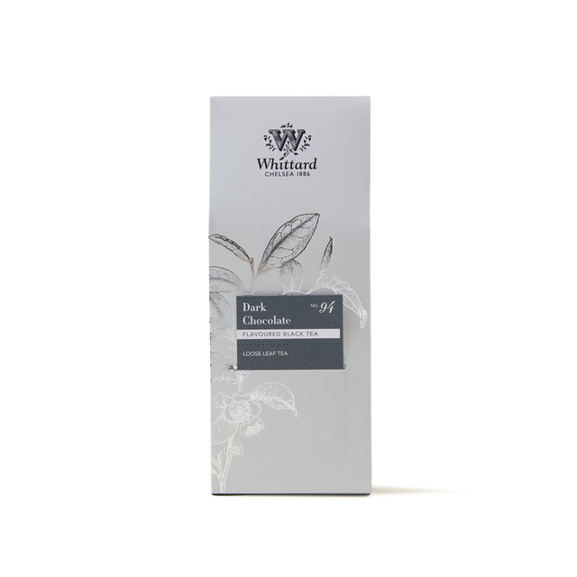 A box of Dark Chocolate Loose Leaf Tea, a luxurious black tea blend infused with cocoa nibs for a rich aroma, displayed against a light grey background adorned with botanical illustrations.