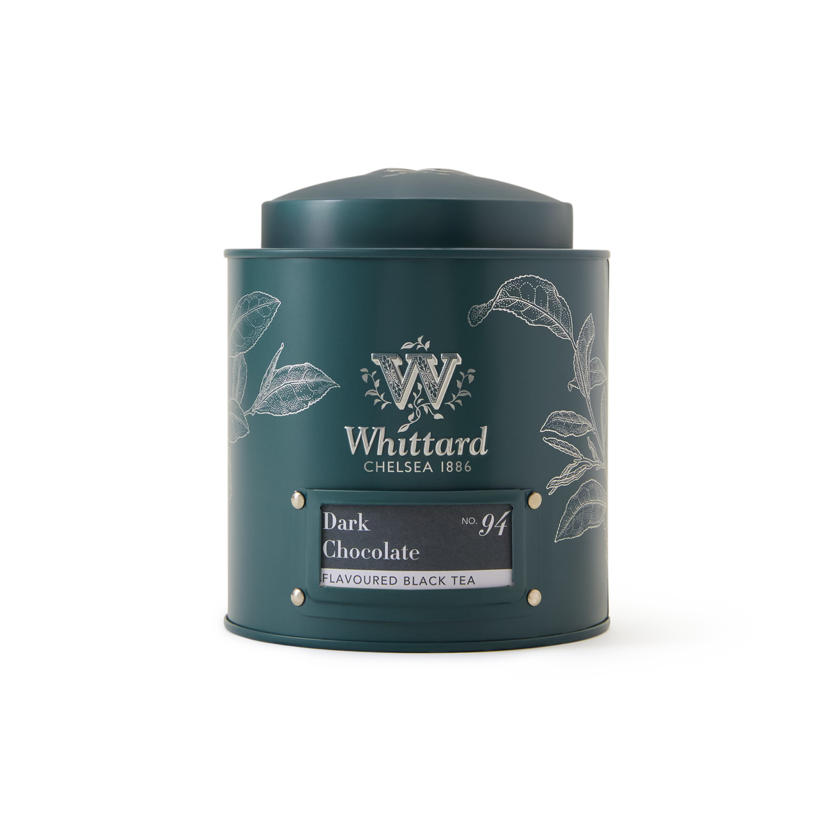 A green tin of Dark Chocolate Loose Leaf Tea, adorned with white leaf designs and a front label. This sugar-free tea blends premium black tea with the rich flavors of cocoa nibs for a deliciously decadent chocolate experience.