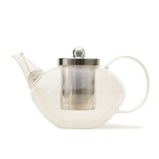 The Chelsea Glass Teapot with Infuser showcases a transparent borosilicate glass design, enhanced by a metal lid and an elegantly curved spout. Displayed on a plain white background, this teapot is completed with a round handle for comfortable pouring.
