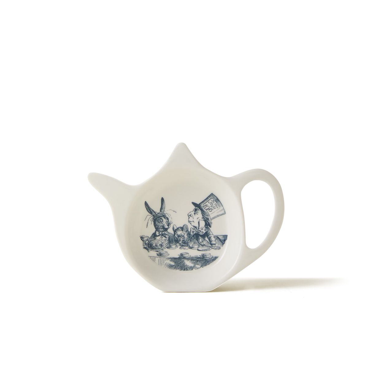 Introducing the Alice in Wonderland Tea Tidy: a white ceramic teapot-shaped tea tidy from the Alice Collection, adorned with a delightful blue illustration of iconic characters—including the Mad Hatter and March Hare—gathered at the tea table.