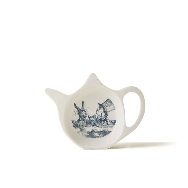 Introducing the Alice in Wonderland Tea Tidy: a white ceramic teapot-shaped tea tidy from the Alice Collection, adorned with a delightful blue illustration of iconic characters—including the Mad Hatter and March Hare—gathered at the tea table.