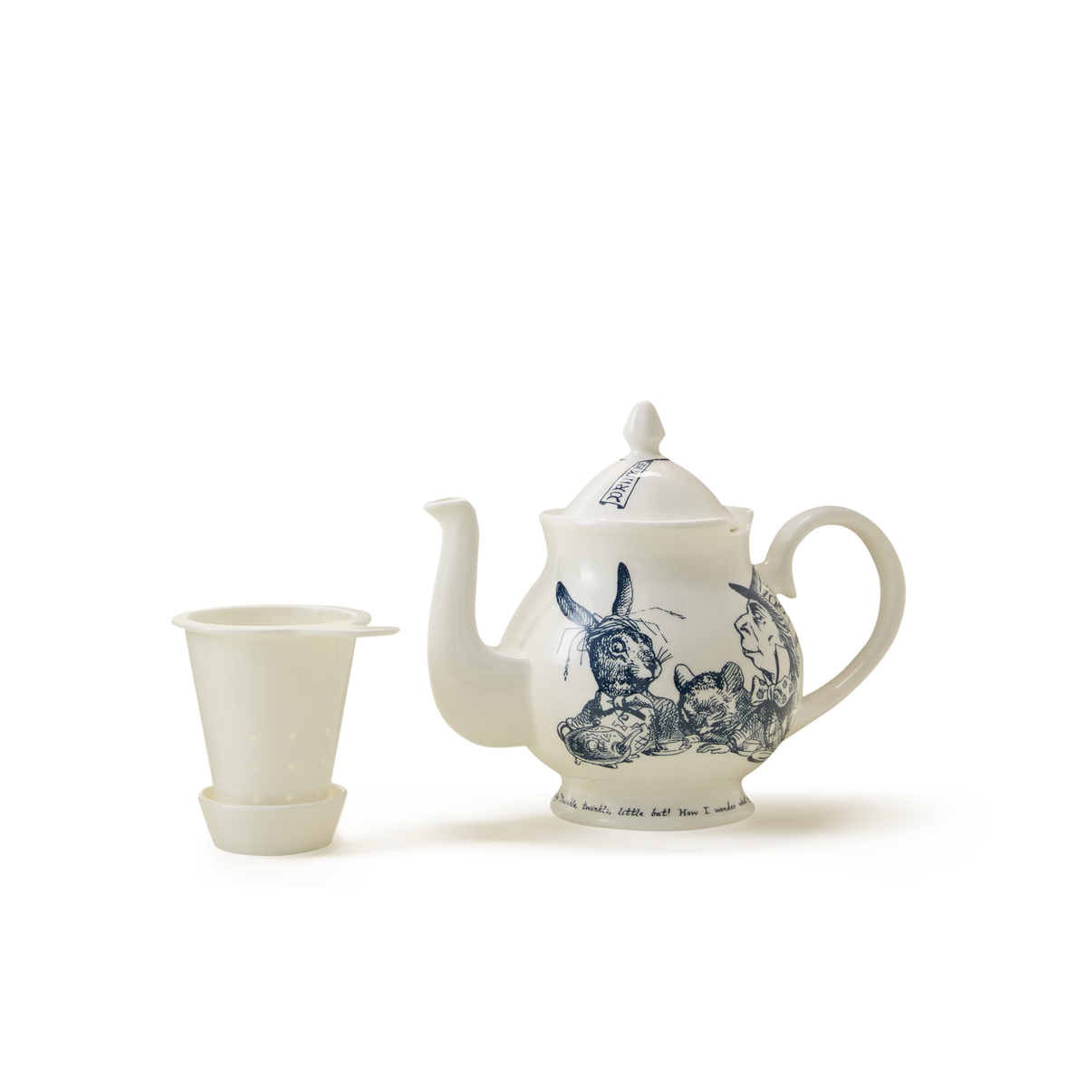 The Alice in Wonderland Tea Party Teapot is a white ceramic teapot featuring delightful blue Tenniel illustrations and comes complete with a matching white tea infuser and drip tray, showcased on a plain white background.