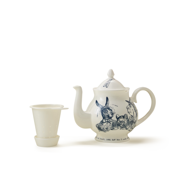 The Alice in Wonderland Tea Party Teapot is a white ceramic teapot featuring delightful blue Tenniel illustrations and comes complete with a matching white tea infuser and drip tray, showcased on a plain white background.