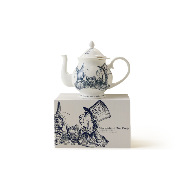 The Alice in Wonderland Tea Party Teapot, crafted from white bone china and adorned with classic, sketch-style black Tenniel illustrations of beloved characters, is presented on a coordinating box featuring the Mad Hatter and March Hare.