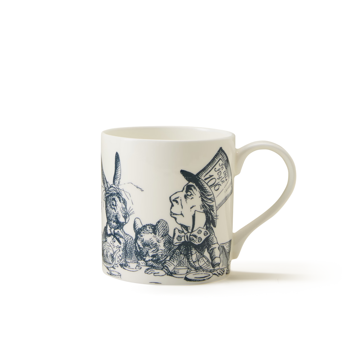 White ceramic mug featuring a black illustration of the Mad Hatter, March Hare, and Dormouse from Alice in Wonderland, seated at a tea party.