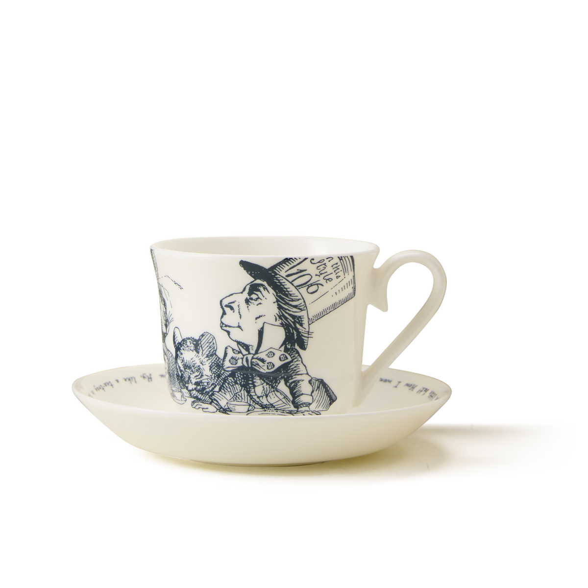 A white teacup and saucer featuring a detailed black illustration of the Mad Hatter from Alice in Wonderland..