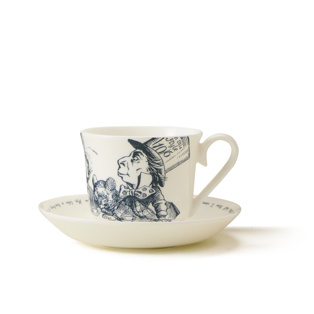 The Alice in Wonderland Cup and Saucer showcases a detailed blue illustration of the Mad Hatter and March Hare on a classic white background, making it perfect for bringing a whimsical touch to your next tea party.