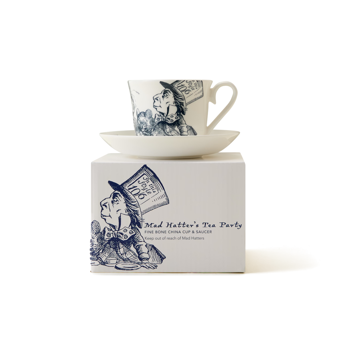 Presenting the Alice in Wonderland Cup and Saucer, a whimsical tea set adorned with an enchanting illustration of the Mad Hatter, inspired by Lewis Carroll’s beloved tale. Beautifully packaged in a matching box labeled “Mad Hatters Tea Party” with coordinating artwork and fine bone china description, this charming set is perfect for adding magic to your next tea party adventure.