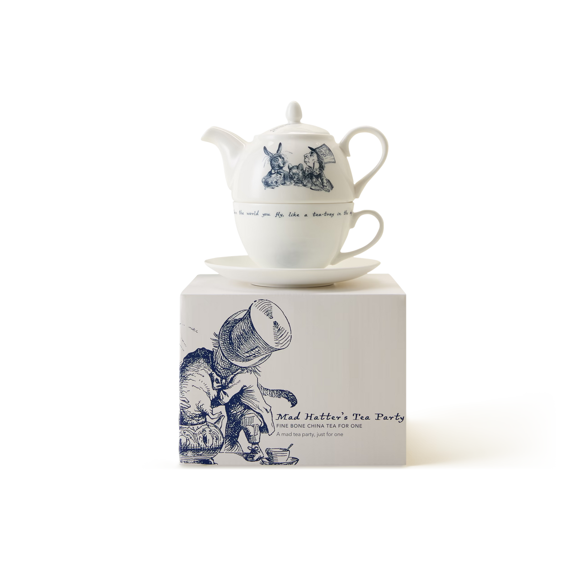 A white teapot and teacup set with blue Alice in Wonderland illustrations, stacked on a matching box labeled Mad Hatters Tea Party in blue script.