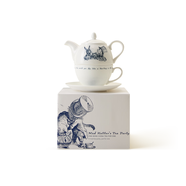 Experience an enchanting Tea-for-One with the Alice in Wonderland Tea-for-One set—a white bone china teapot and teacup duo adorned with whimsical illustrations, presented in a matching box featuring a blue Mad Hatter’s Tea Party design.