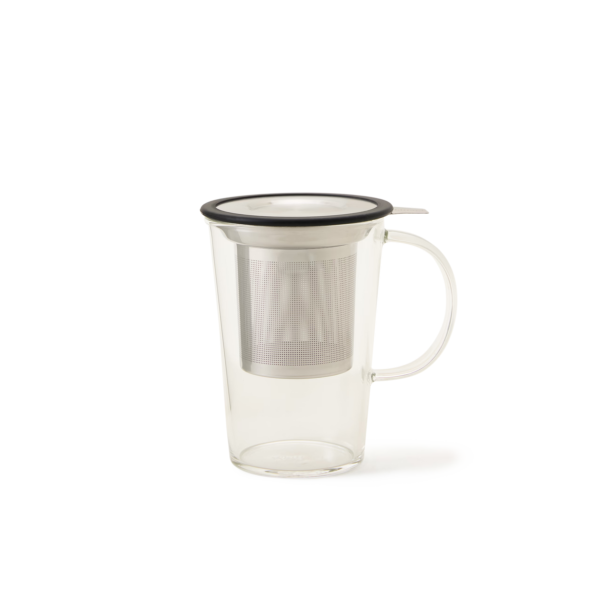 The Black Glass Pao Infuser Mug, crafted from clear borosilicate glass with a handle, features a metal mesh infuser and a black-rimmed lid resting on top. Set against a plain white background, this elegant tea infuser mug appears empty.