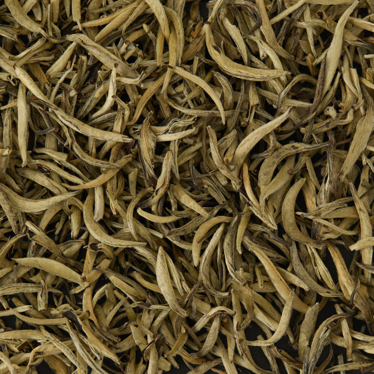 A close-up of Silver Needle Loose Leaf Tea scattered loosely, highlighting the elongated and curled shapes of its light brown leaves—an exquisite display of this rare tea.