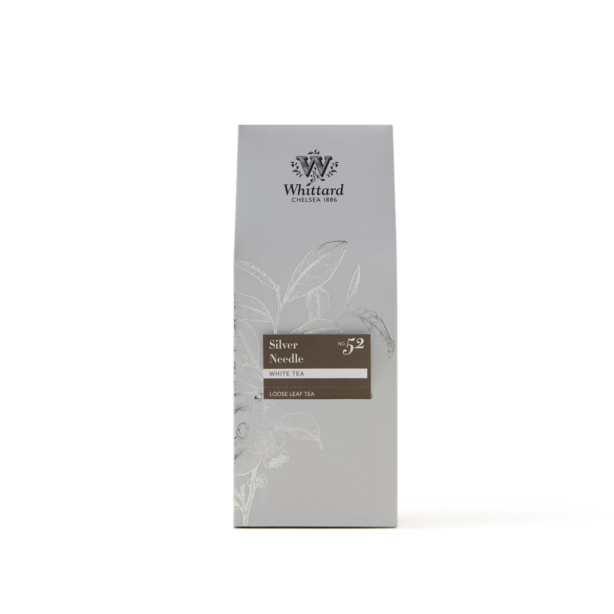 A box of Silver Needle Loose Leaf Tea, presented in minimalist gray packaging adorned with subtle botanical illustrations and the Whittard Chelsea 1886 logo at the top. This rare tea, also known as Baihao Yinzhen, is celebrated for its delicate flavor and exceptional quality.