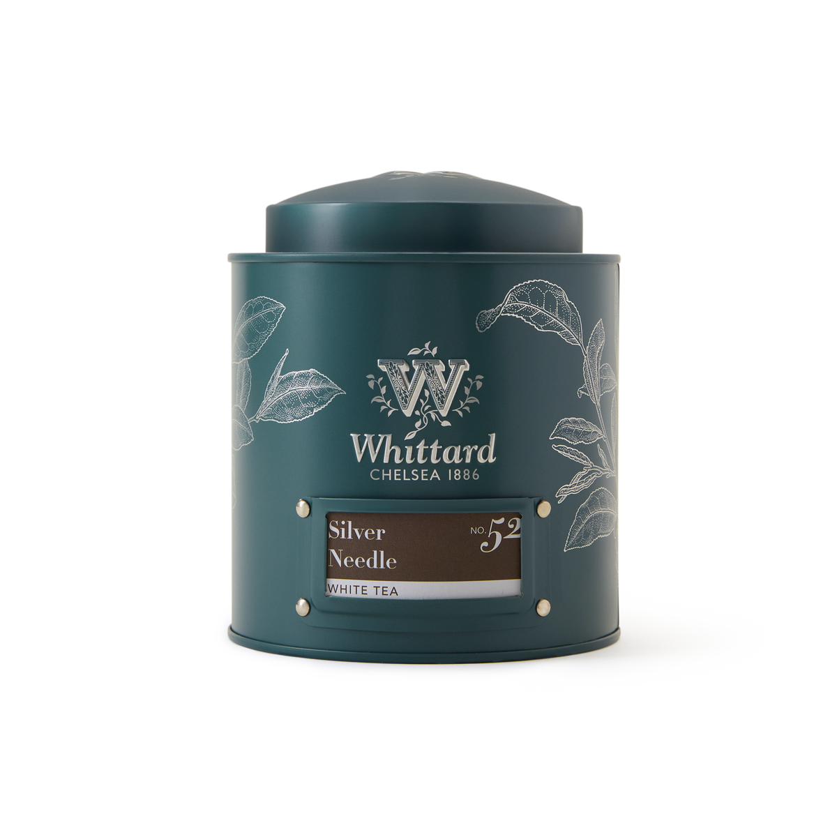 A dark green Whittard Chelsea 1886 tea tin labeled Silver Needle Loose Leaf Tea, decorated with white botanical illustrations and a clear window displaying the rare Baihao Yinzhen tea inside, set against a plain white background.