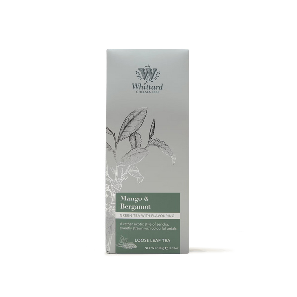 A box of Mango & Bergamot Loose Leaf Tea with a grey and green design, featuring illustrations of tea leaves and product details on the front. This blend combines delicate Chinese green tea with vibrant mango and bergamot flavours, making it perfect for those who enjoy loose leaf green tea with a fragrant twist.