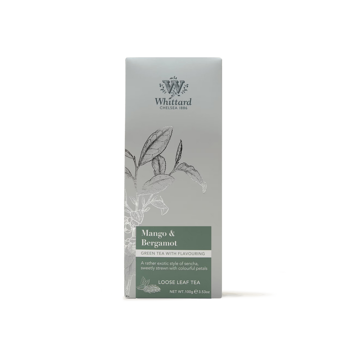 A box of Mango & Bergamot Loose Leaf Tea with a grey and green design, featuring illustrations of tea leaves and product details on the front. This blend combines delicate Chinese green tea with vibrant mango and bergamot flavours, making it perfect for those who enjoy loose leaf green tea with a fragrant twist.